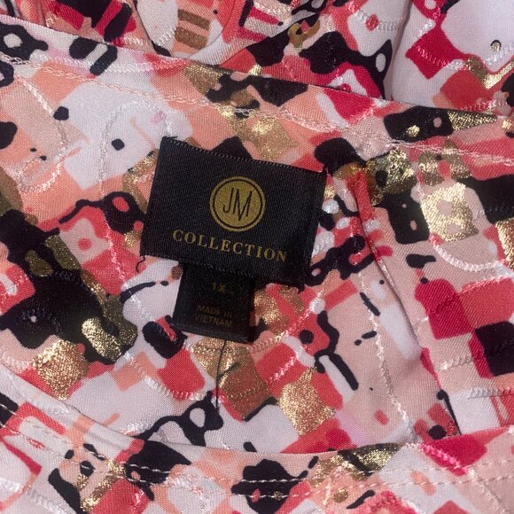 (1202) JM Collection 1X Scoop Neck 3/4 Sleeve Flowy Top — Pink, White, Metallic - Picture 4 of 5